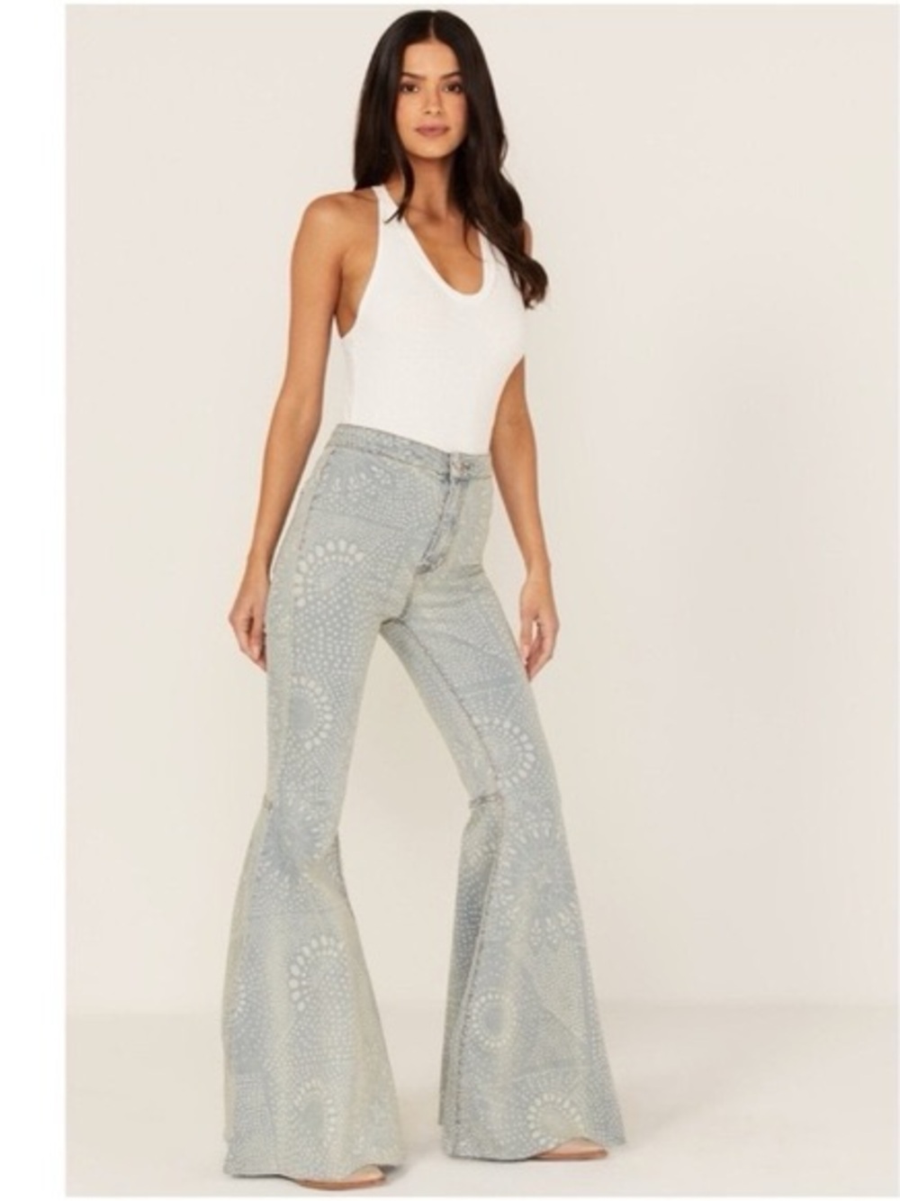 We The Free Just Float On Flare Jeans 27 Boho Print Bell Bottom Festival Denim